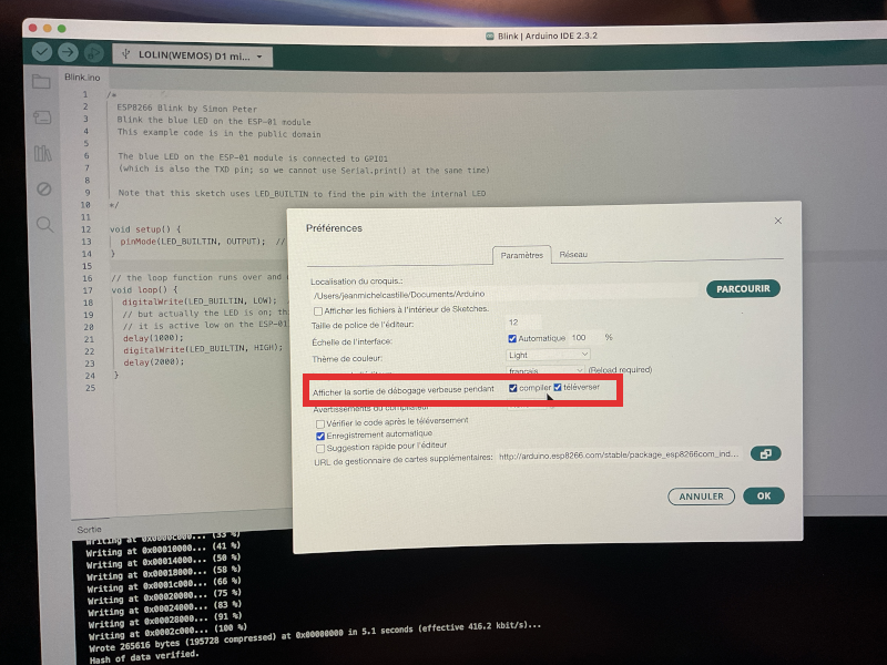 Esptool récupération des paramètres DevToo sur Arduino