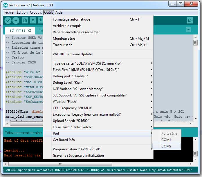 IDE arduino selection du port de com USB